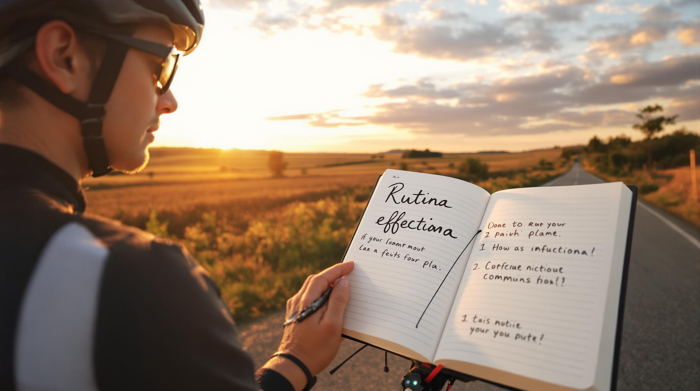 Cyclist reviewing training journal with 'Rutina efectiva' handwritten