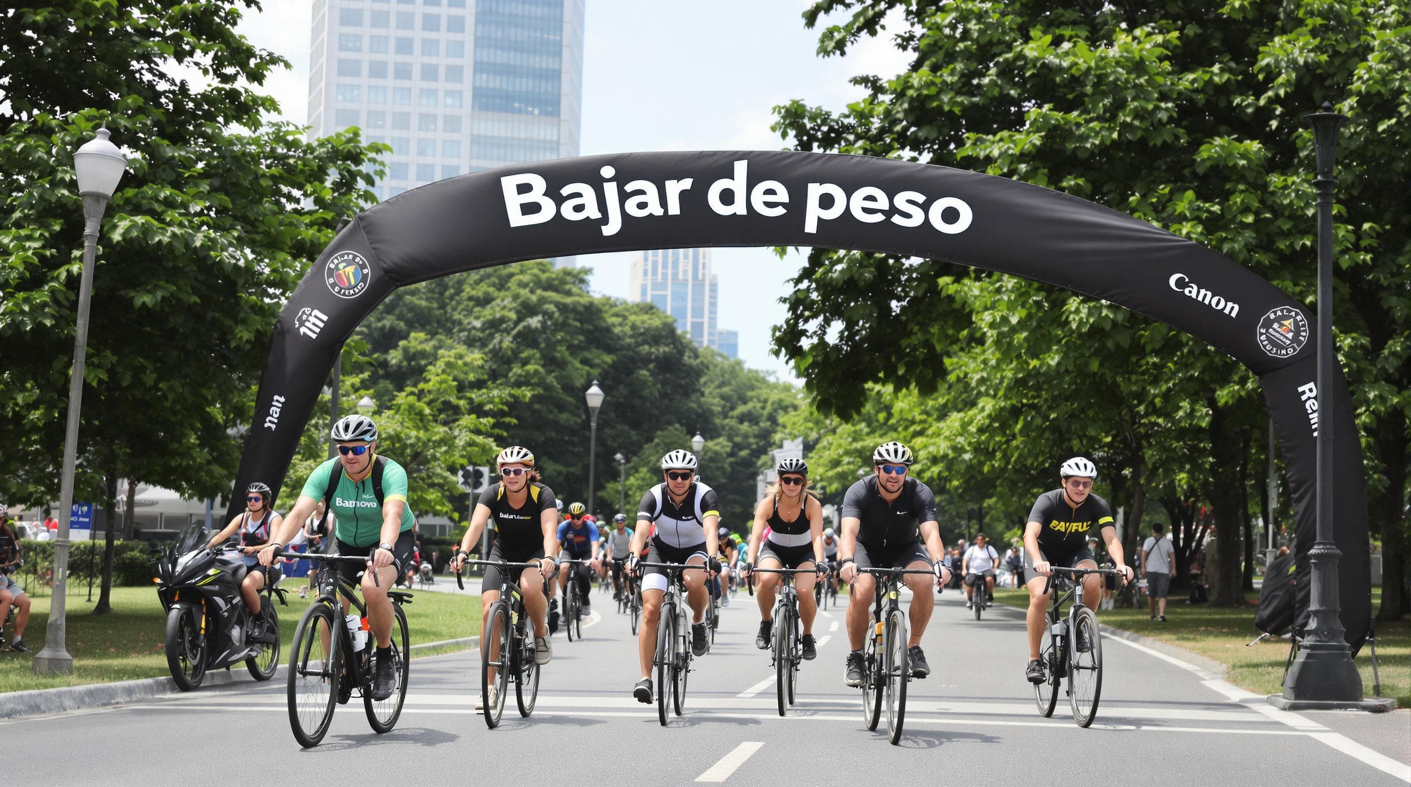Cyclists riding in an urban park with 'Bajar de peso' park banner