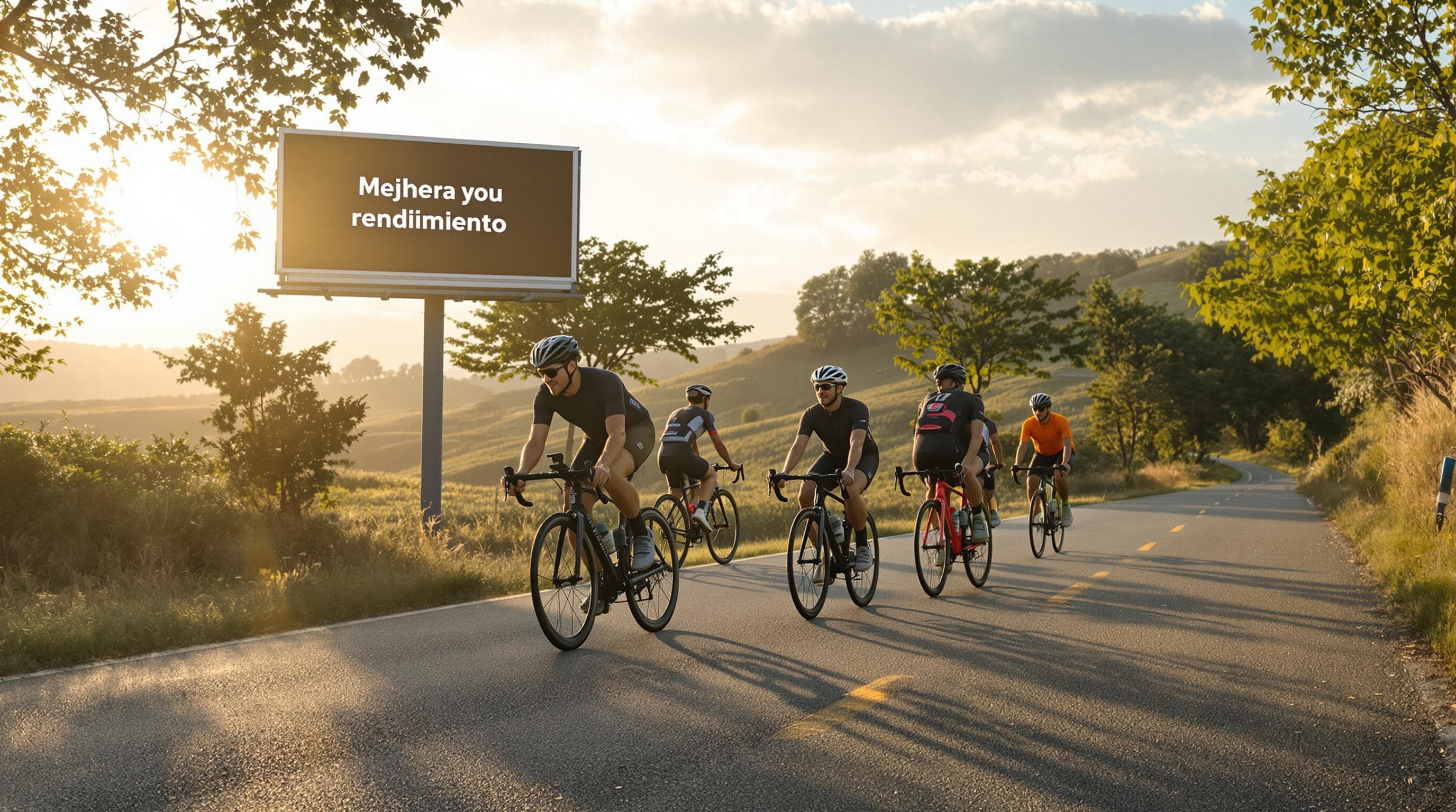 Cyclists training together at sunrise, teamwork and performance focus