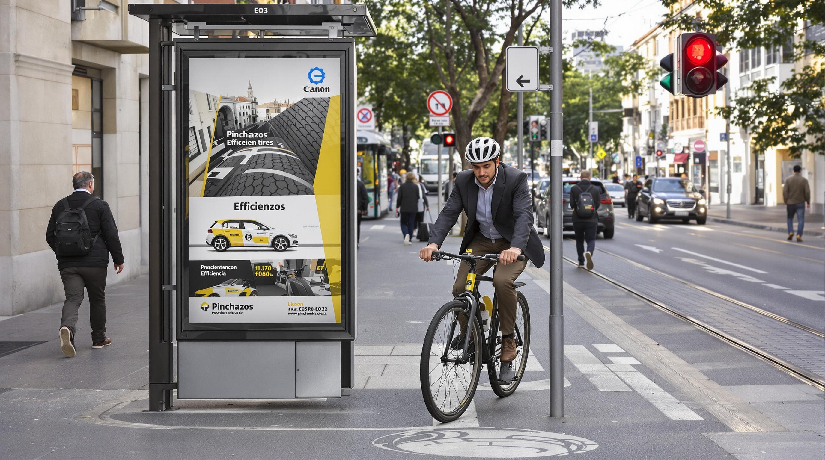 Urban cyclist checks puncture-resistant bike tire after hazard