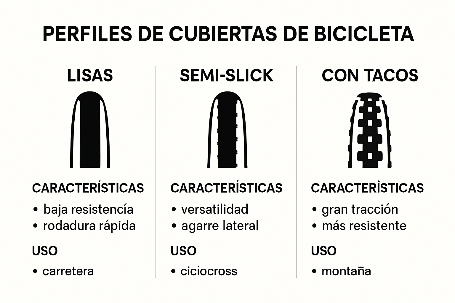 Infografía comparativa de perfiles de cubiertas de bicicleta