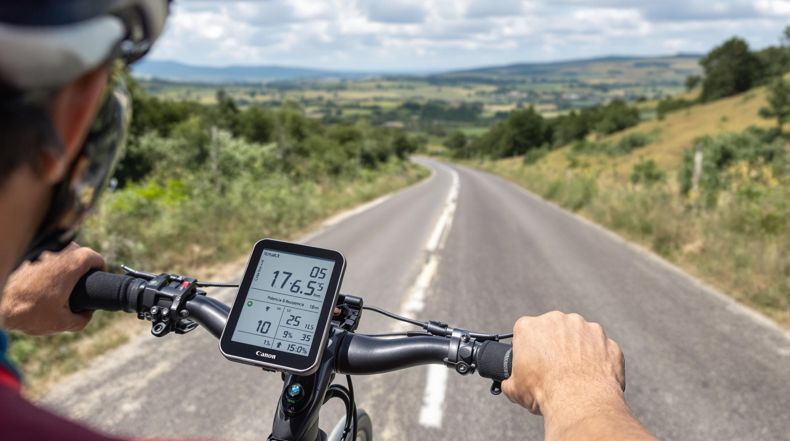 Cyclist training uphill, bike computer shows 'Potencia & Resistencia'