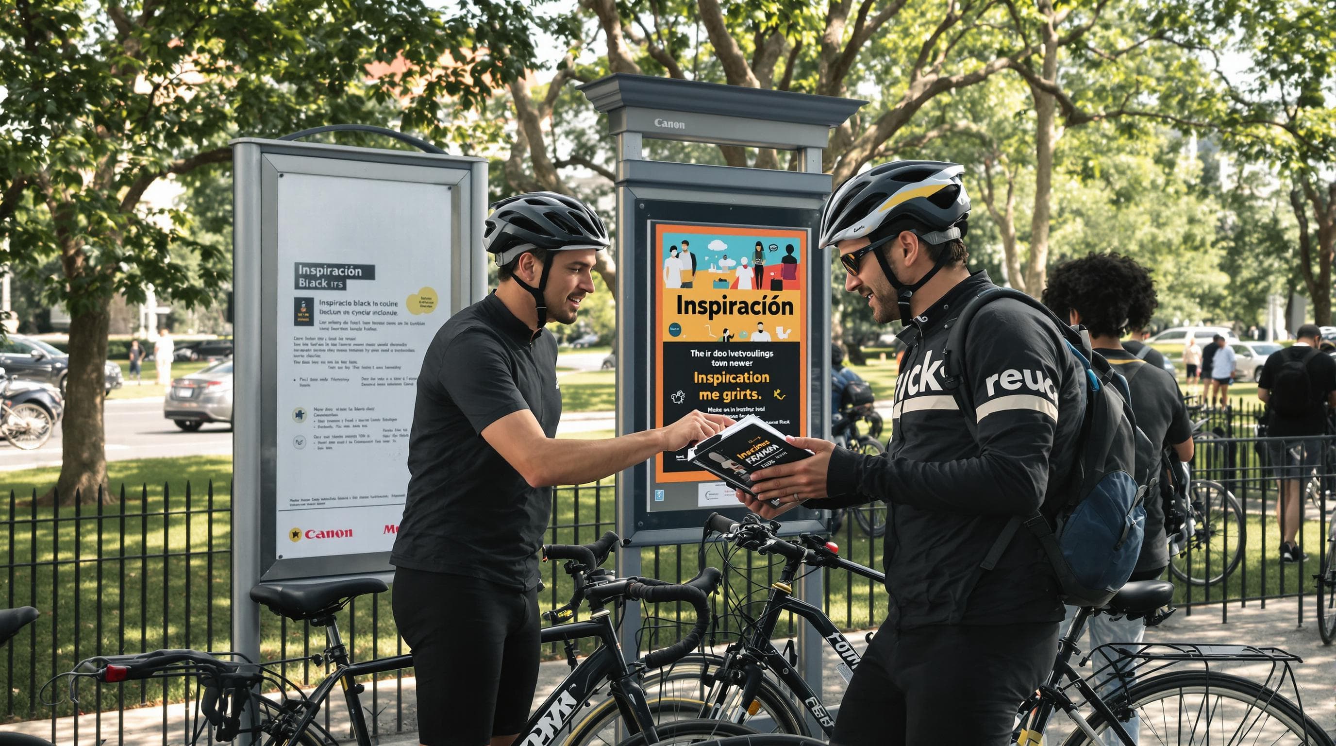 Cyclists sharing cycling novel on park bench with 'Inspiración' poster nearby