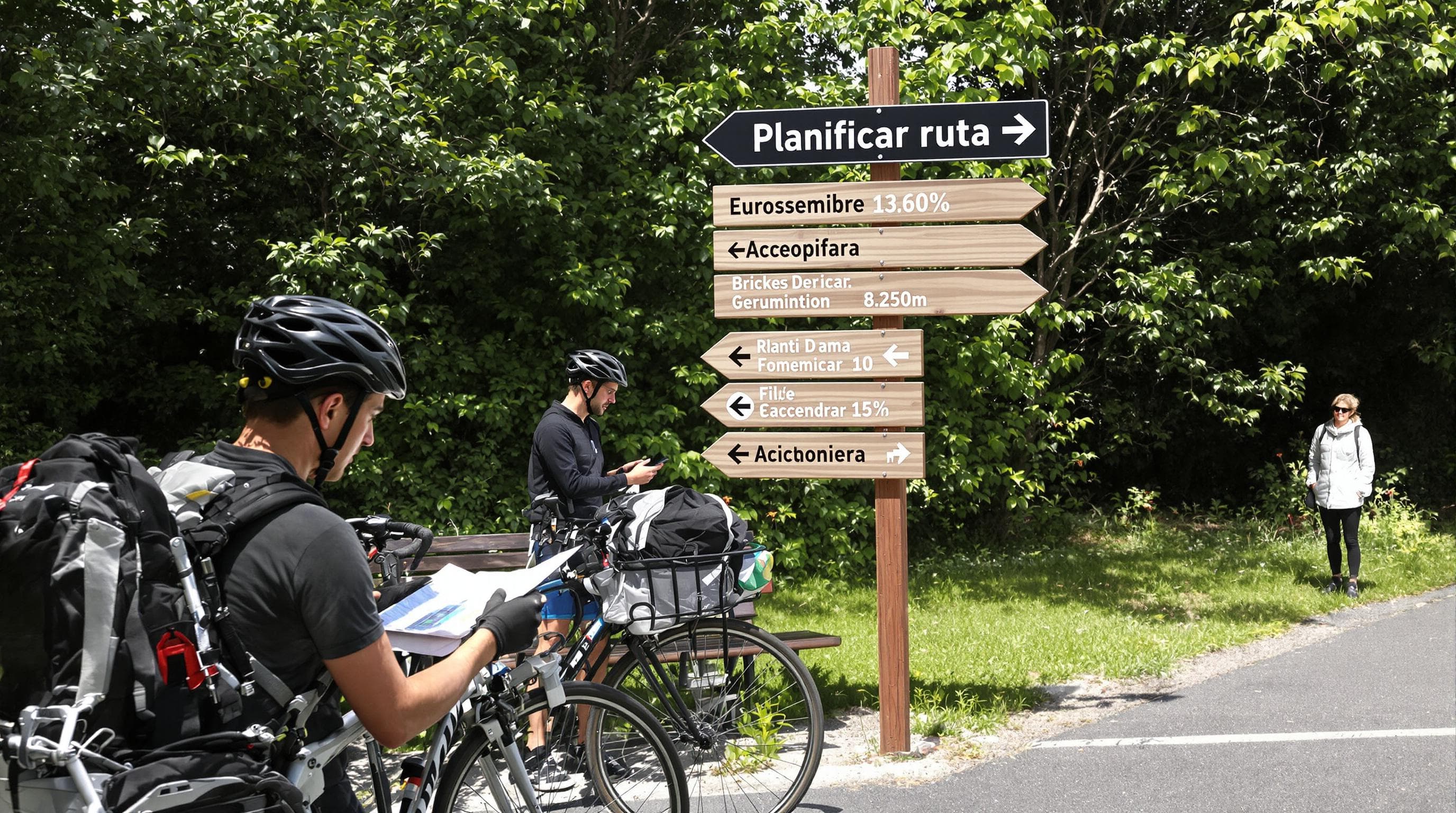 Cyclist planning route at European bike path crossroads with signs