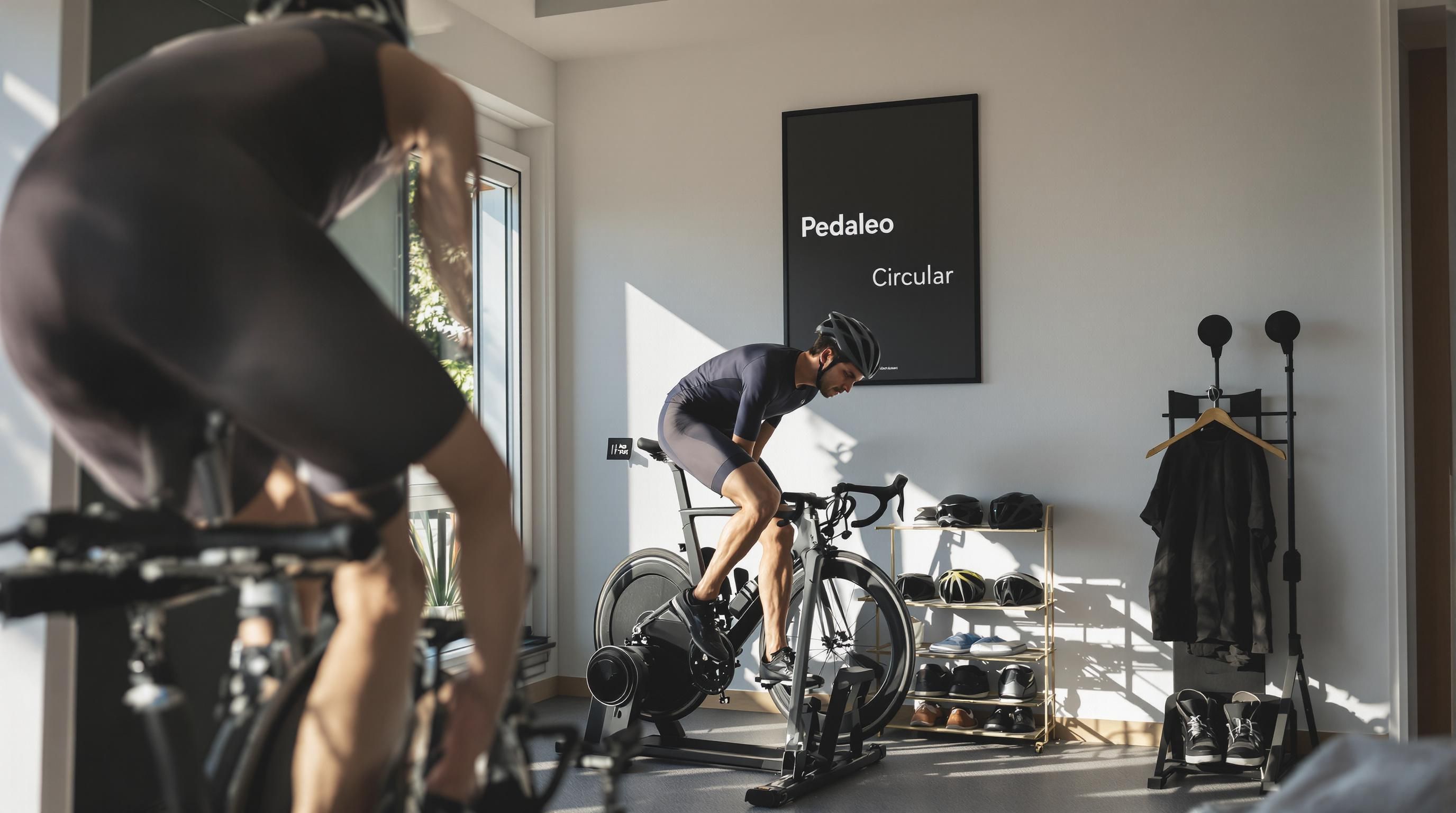 Indoor cyclist on smart trainer practicing circular pedaling, with a poster about technique visible.