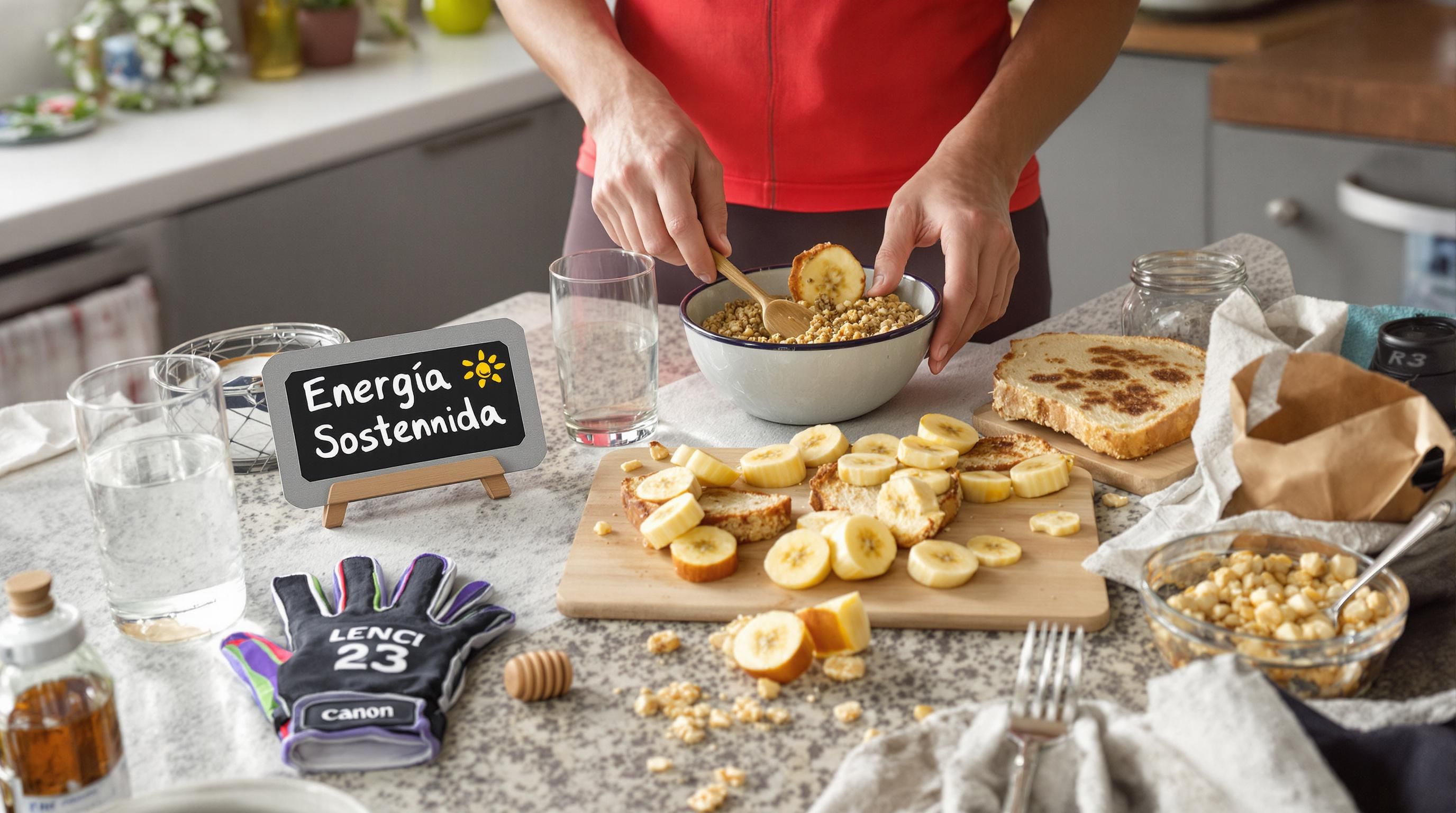Cyclist preparing a pre-race meal of quinoa, fruit, and toast