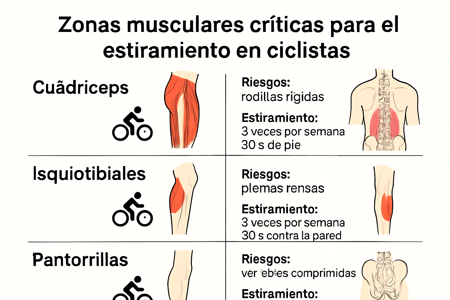 Infografía sobre zonas clave de estiramiento en ciclistas