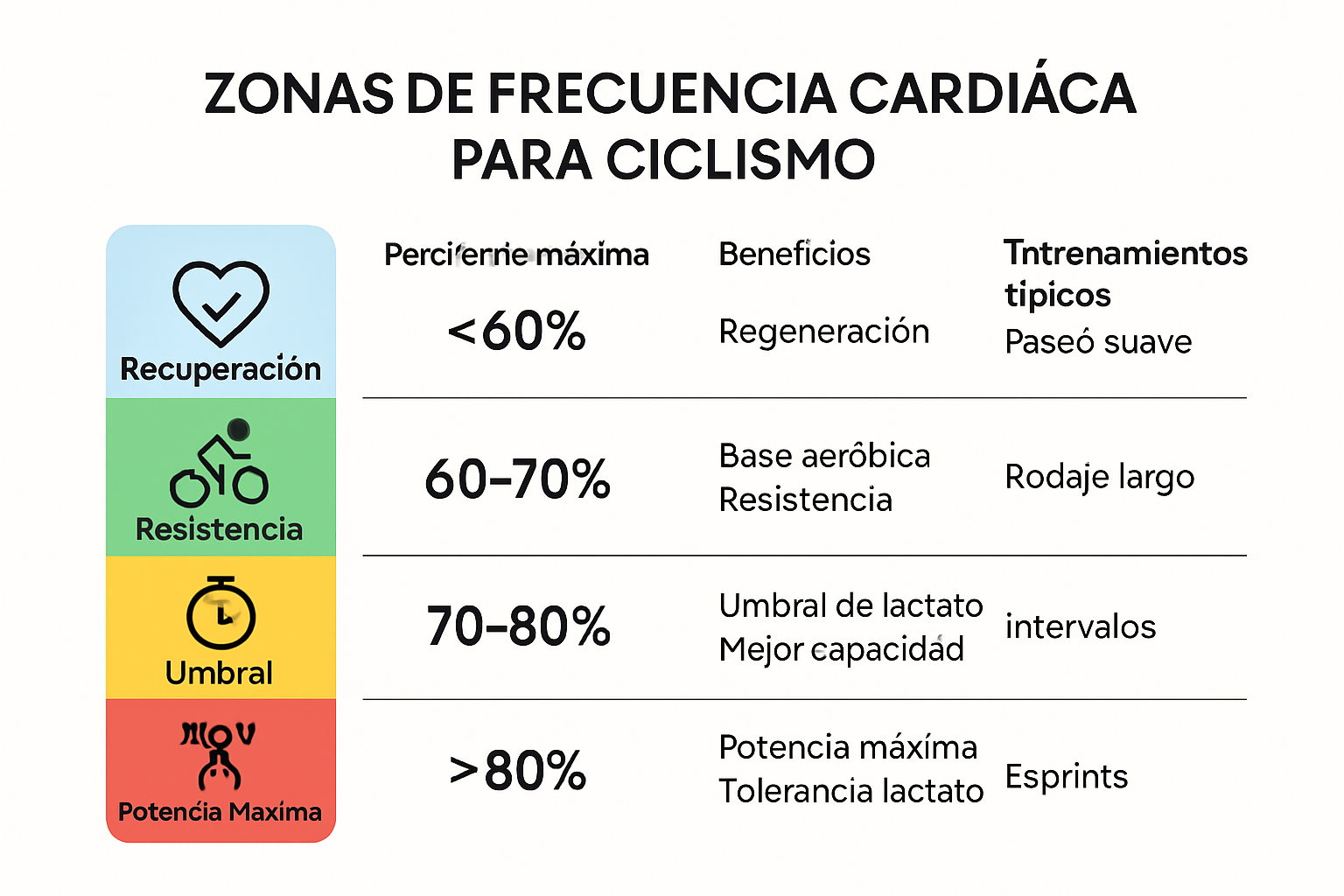 Infografía zonas de frecuencia cardíaca ciclismo