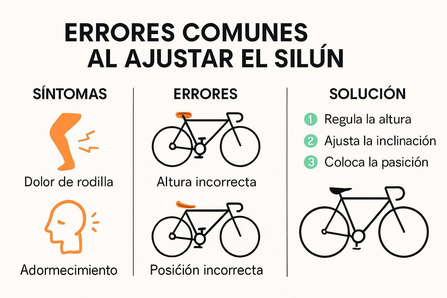 Infografía de errores comunes al ajustar sillín bicicleta carretera