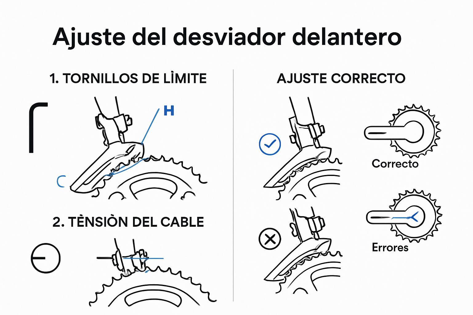 Infographic showing front derailleur adjustment steps and tips