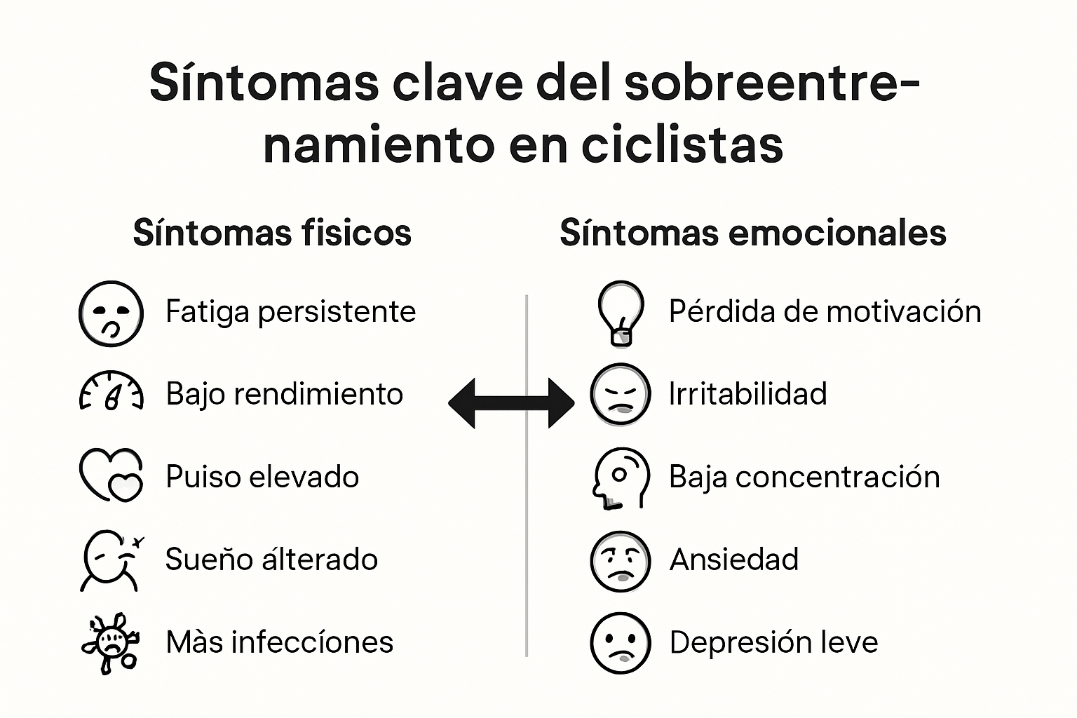 Infografía con síntomas físicos y emocionales del sobreentrenamiento en ciclistas