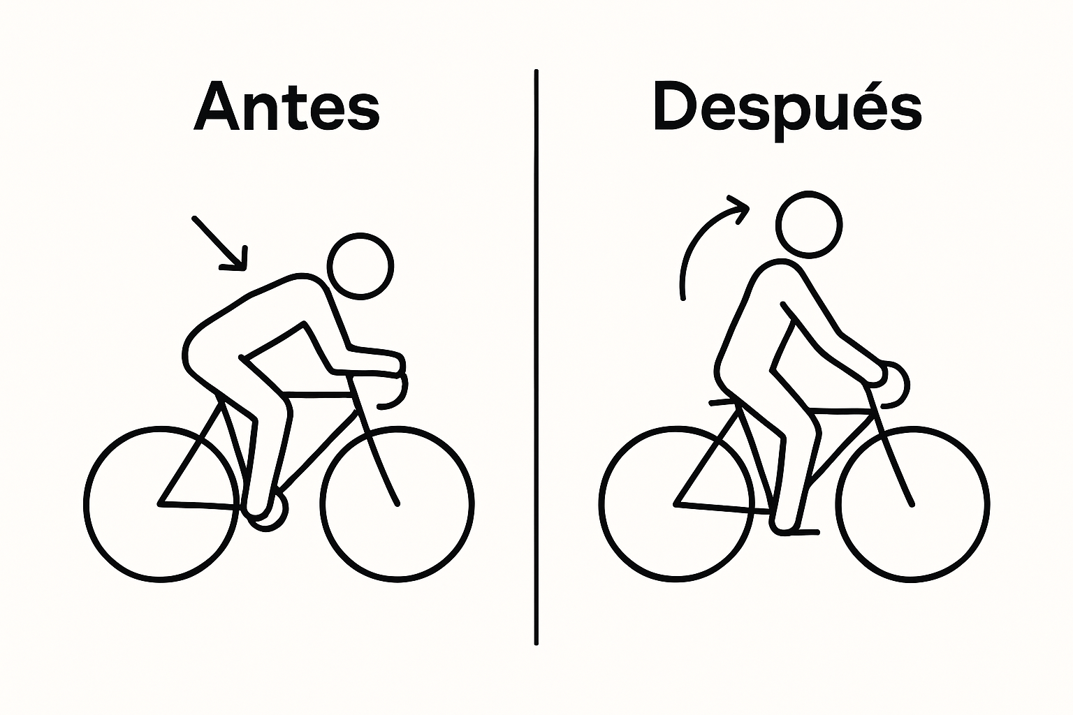 Infografía comparando postura antes y después del ajuste del manubrio en bicicleta