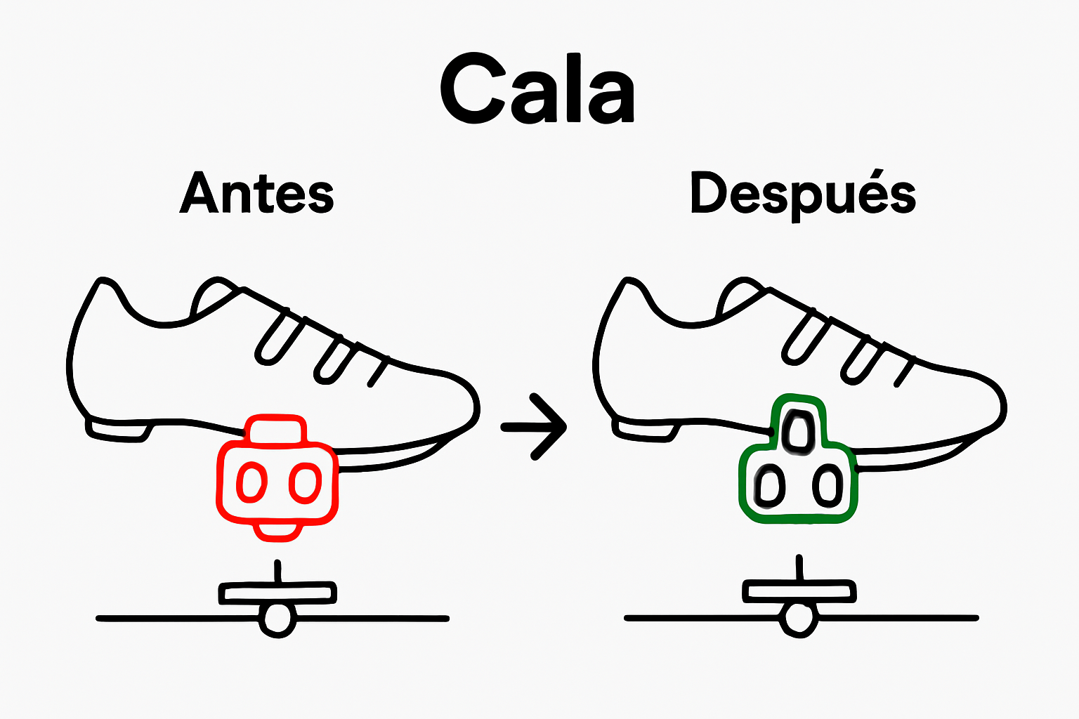 Comparación visual del antes y después de alinear calas de la bici bajo la bola del pie.