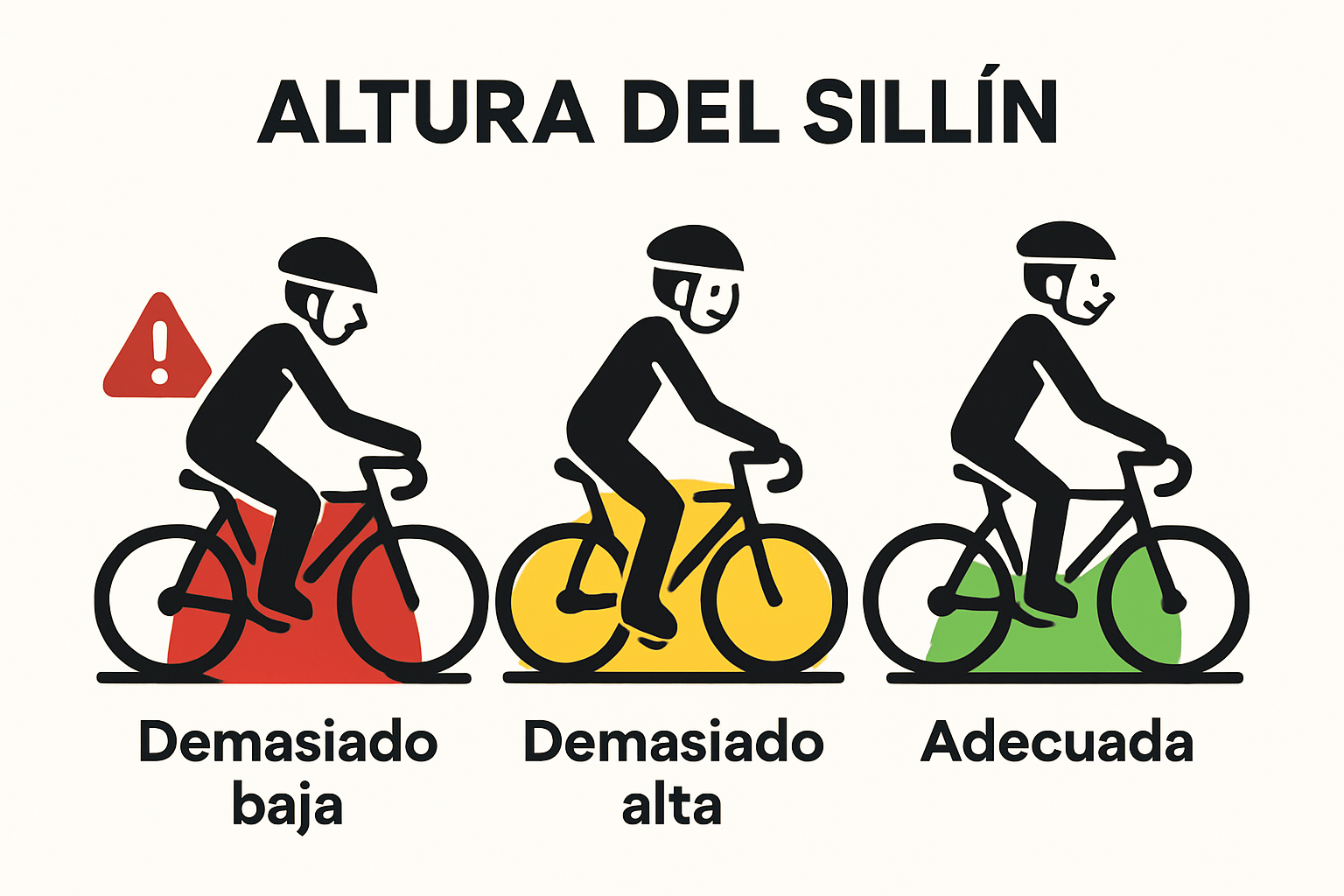 Comparación visual alturas del sillín: baja, alta, correcta