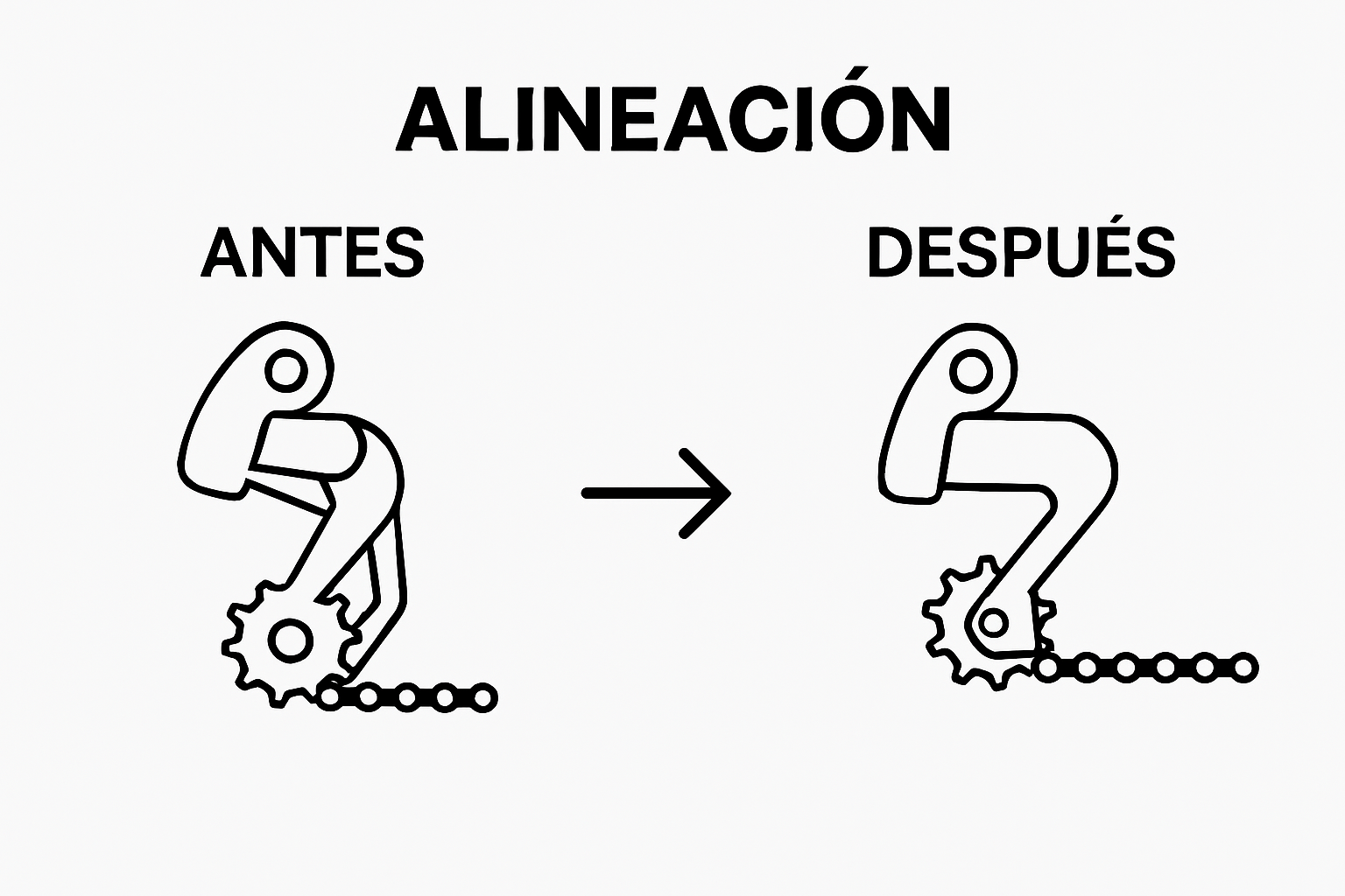 Before and after alignment of bicycle derailleur and chain infographic