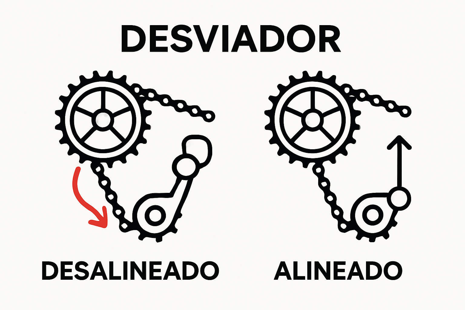 Infographic diagram comparing misaligned and correctly aligned front derailleurs