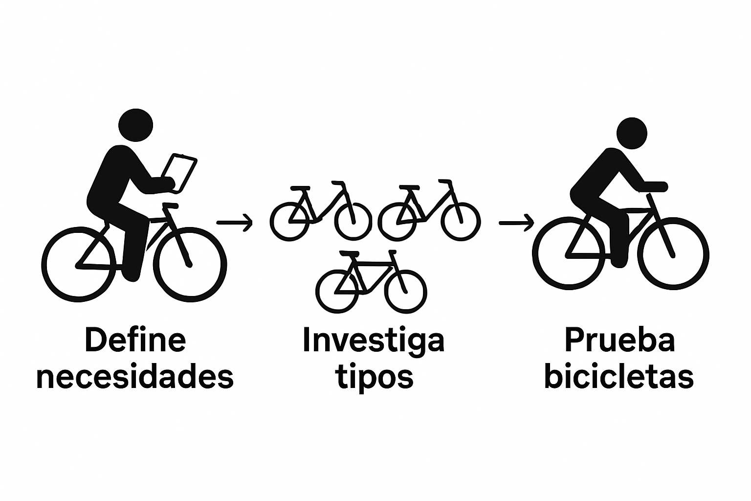 Infografía de tres pasos para escoger bicicleta: definir necesidades, investigar tipos y probar bicicletas