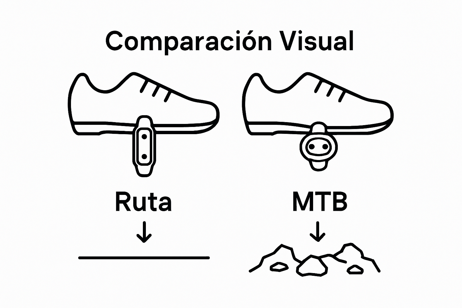 Simple visual comparison of road and MTB cycling cleats with terrain icons