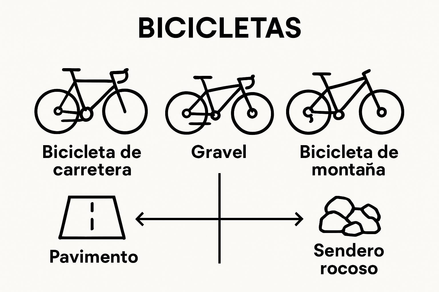 Comparative infographic: gravel, road, and mountain bikes on different terrains