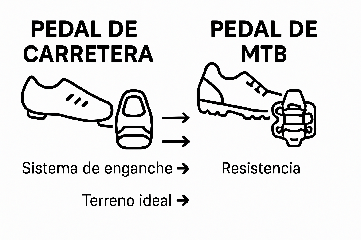 Infografía visual de diferencias clave entre pedales de ruta y MTB