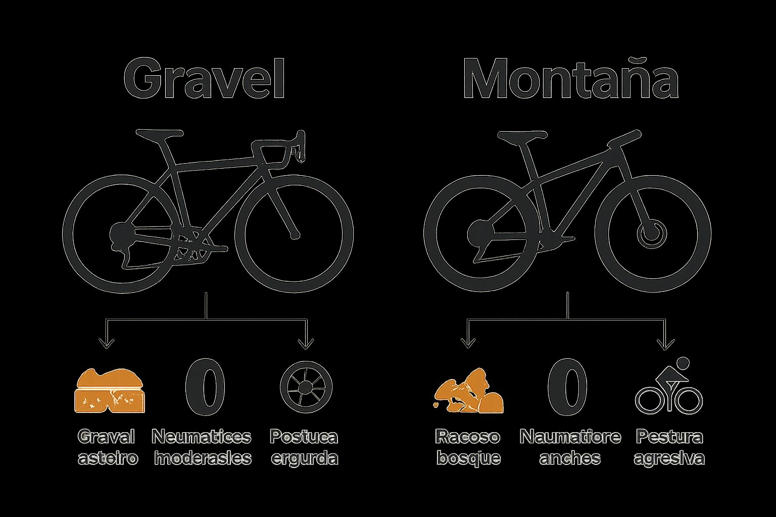 Icon comparison of gravel and mountain bikes with terrain and feature visuals