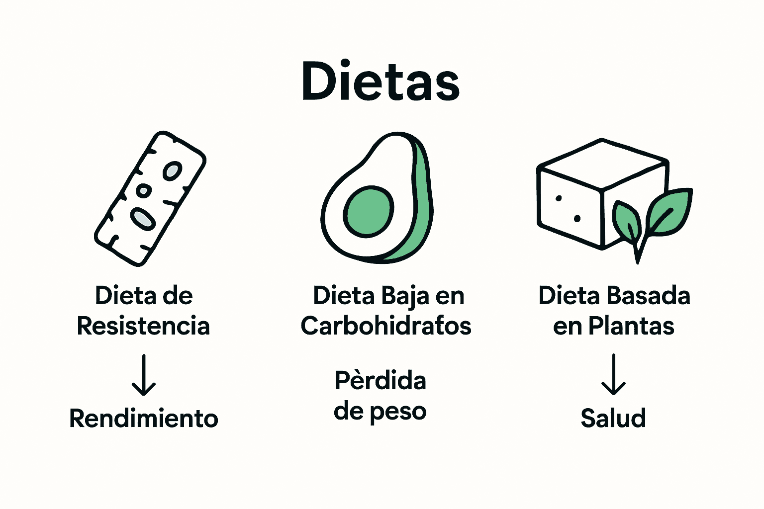 Comparativa visual de los tres tipos de dieta principales para ciclistas.