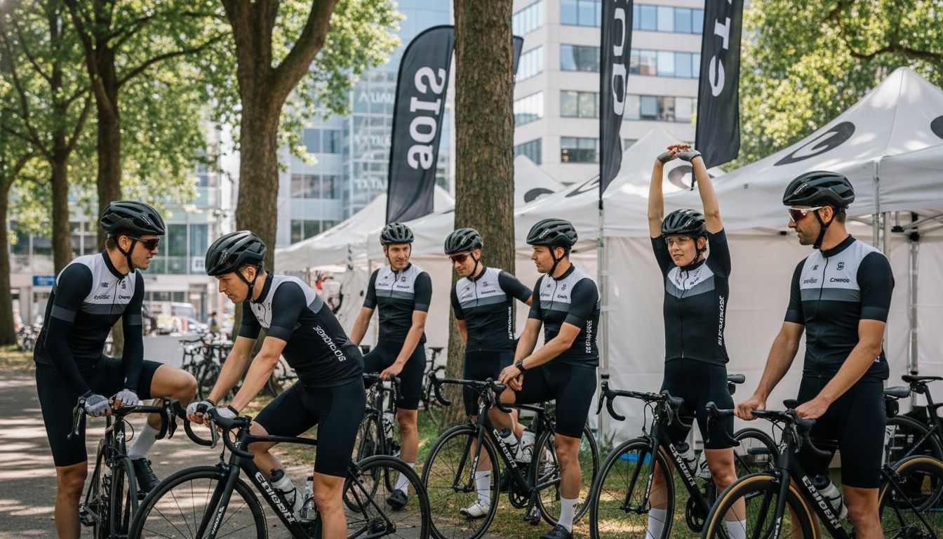 ciclistas estirando antes carrera