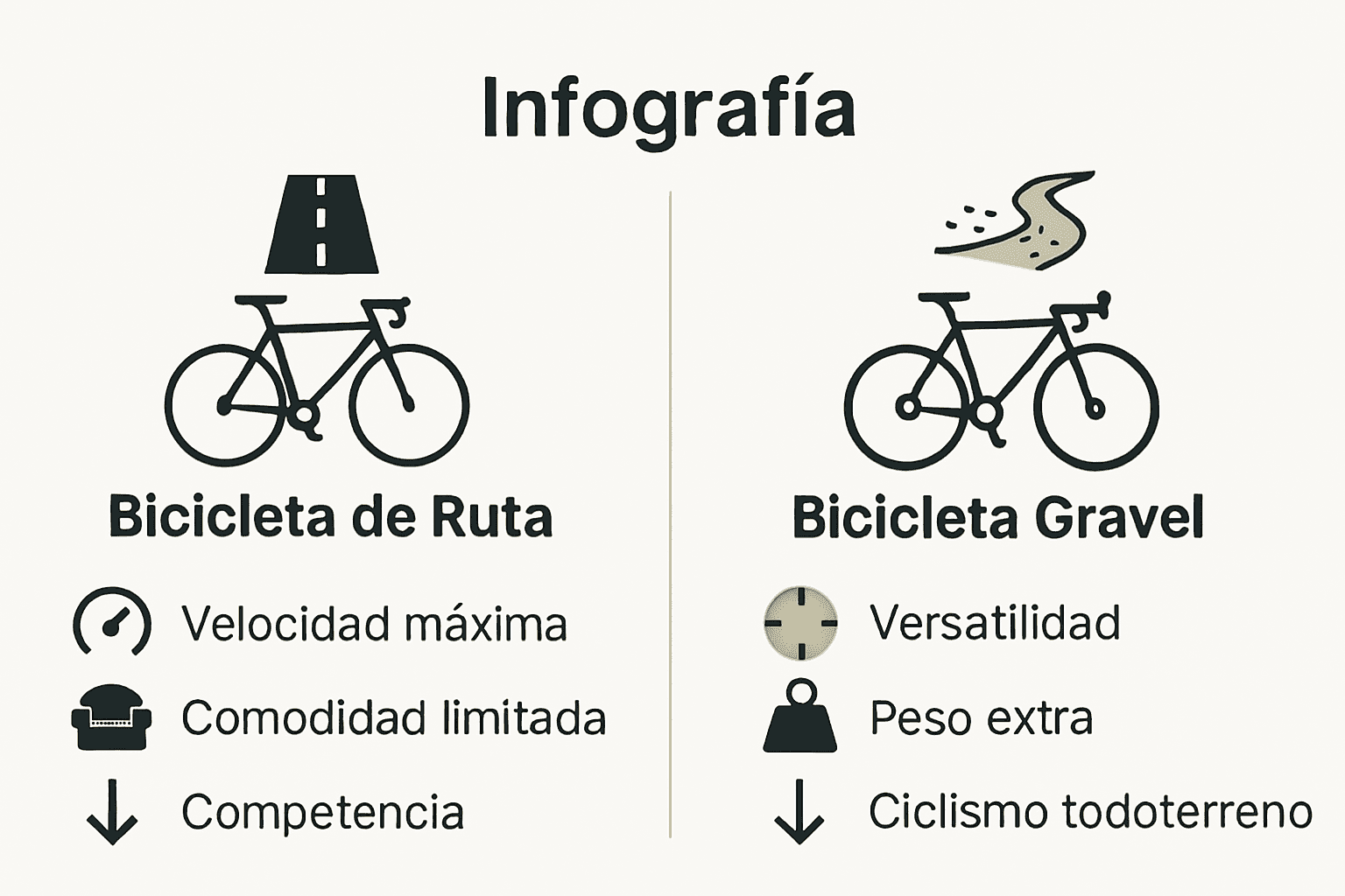 Comparación visual de ventajas y desventajas entre bicicleta de ruta y gravel