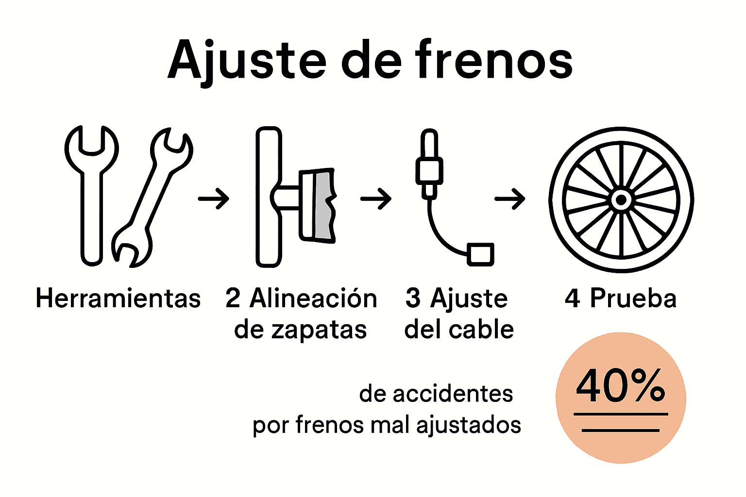 Infografía visual de ajuste de frenos de zapata en bicicleta con pasos clave.