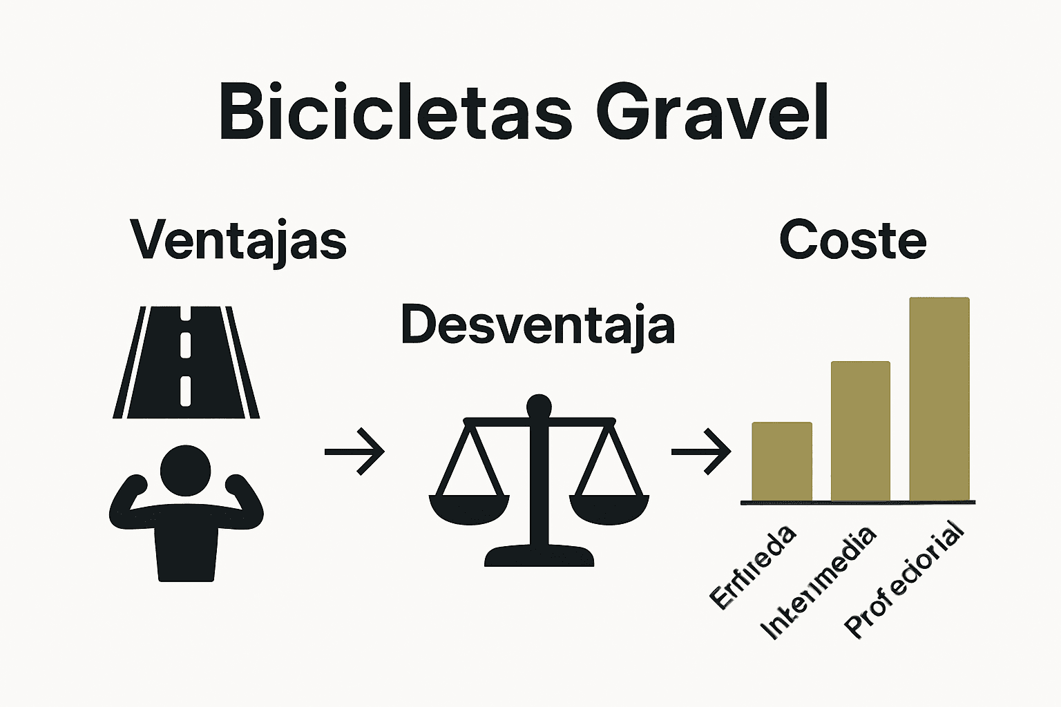 Comparación gráfica de ventajas, desventajas y costos de bicicletas gravel
