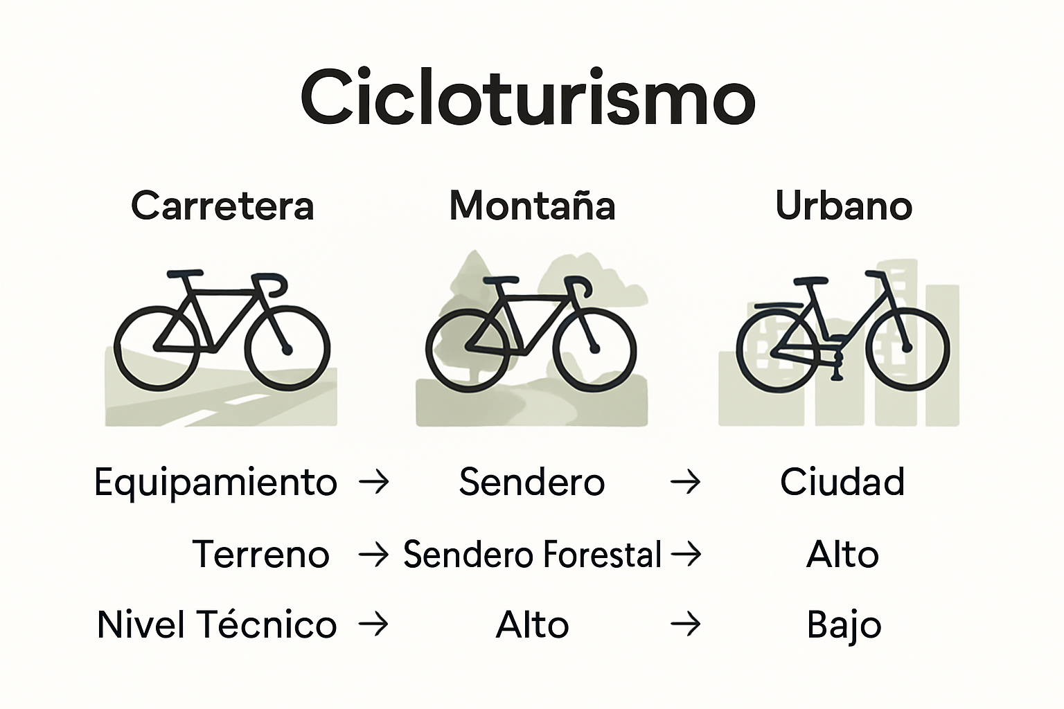 Infografía comparativa tipos de cicloturismo: carretera, montaña y urbano