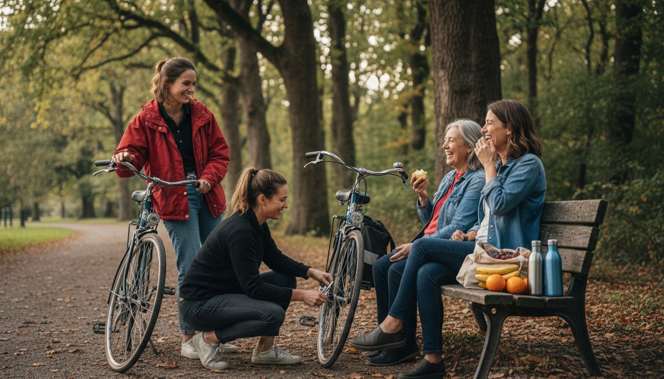 Grupo de mujeres ciclistas descansando en parque