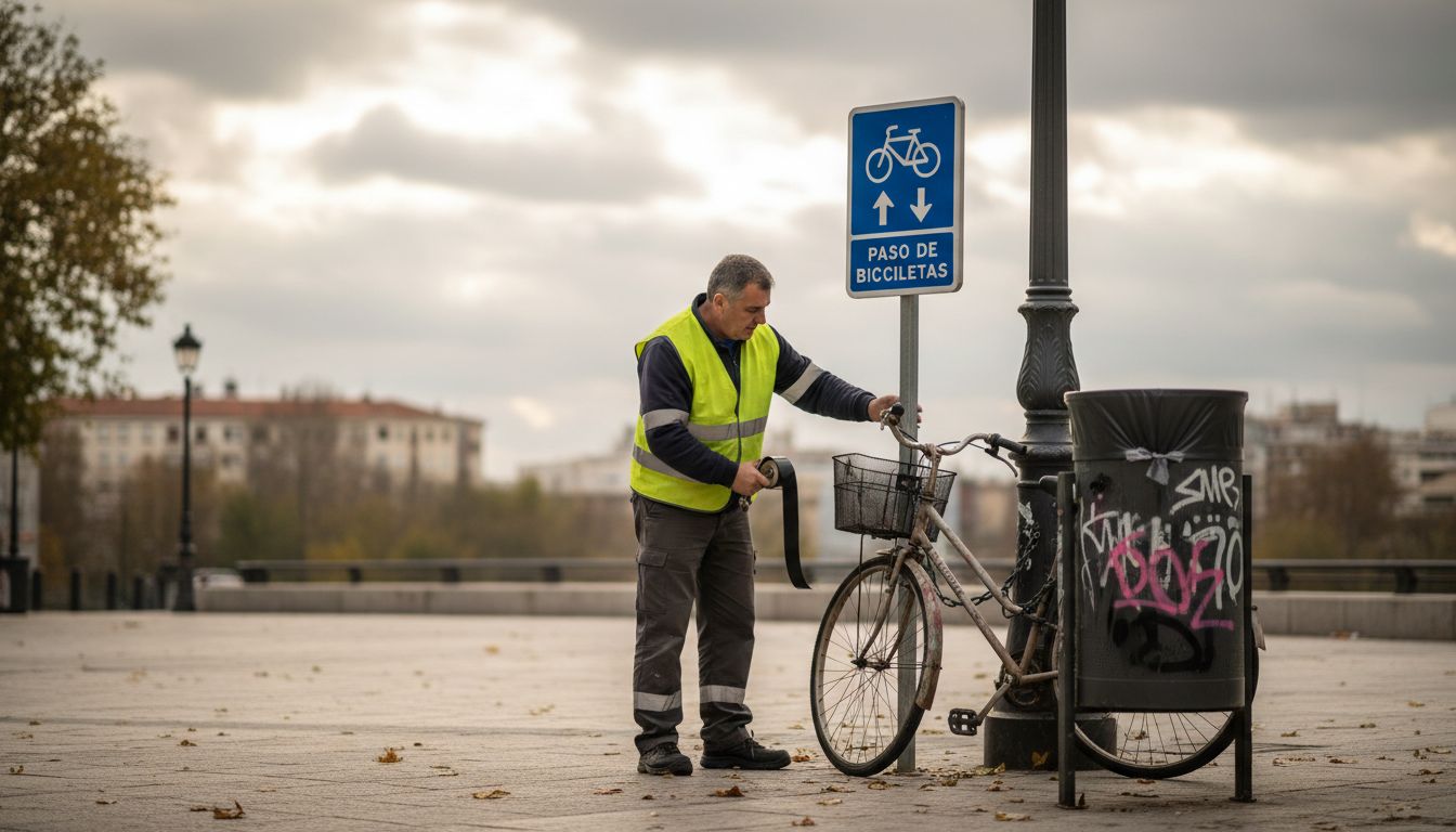 Colocación de señalización para ciclistas en aceras de la ciudad