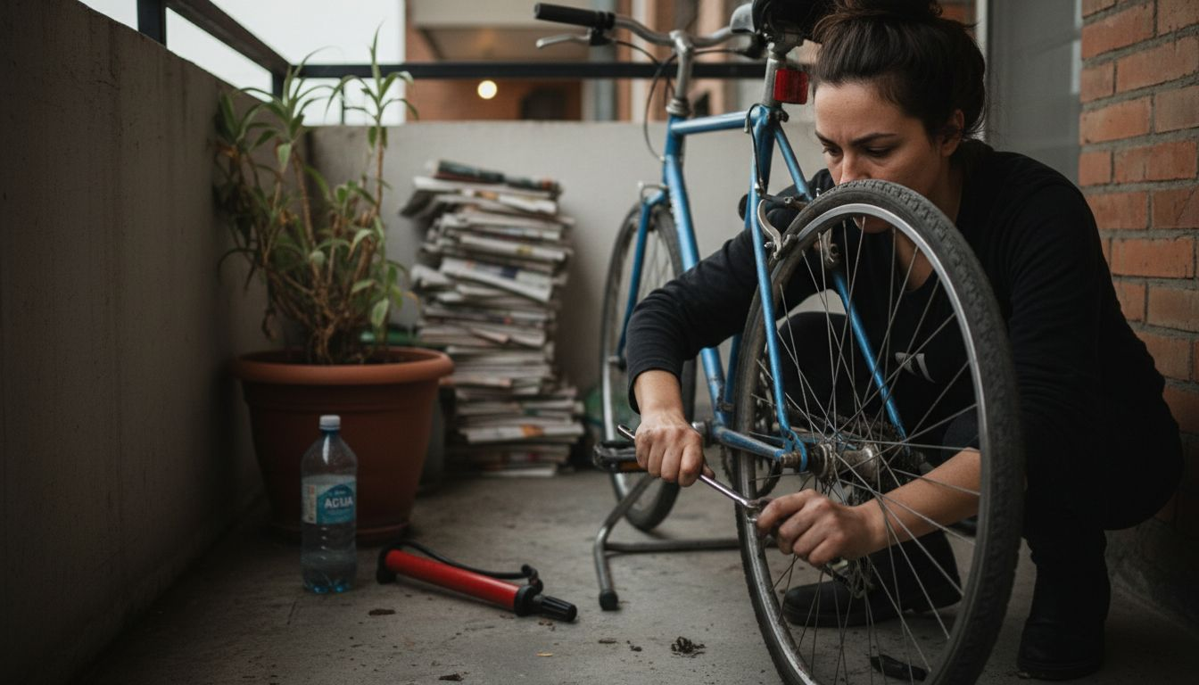 Mujer aflojando el eje trasero de la bicicleta para ajustar la cadena