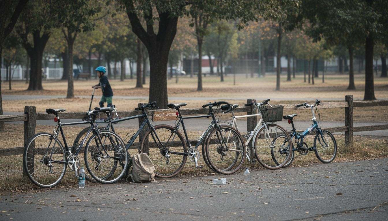 Cinco bicicletas distintas están perfectamente alineadas en el parque.