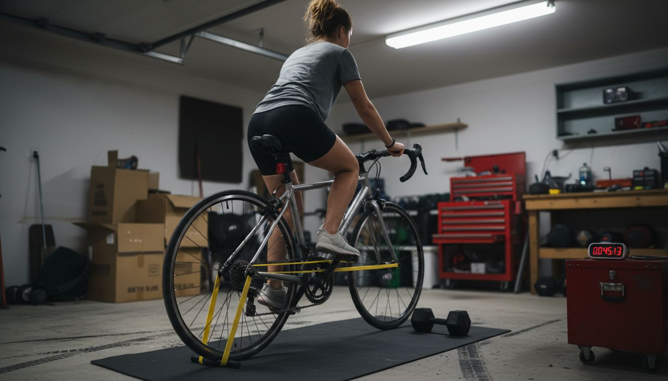 Ciclista realizando ejercicios de fuerza utilizando una banda elástica