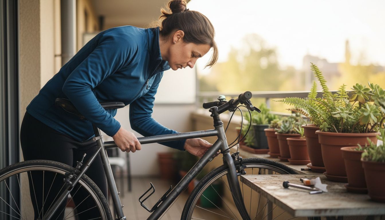 Una mujer comprobando el estado de la cadena de su bicicleta