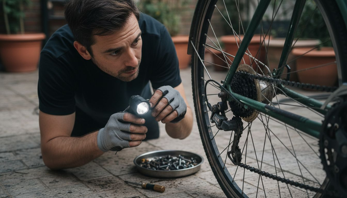 Ciclista haciendo una revisión del tensor y los principales componentes de la bicicleta