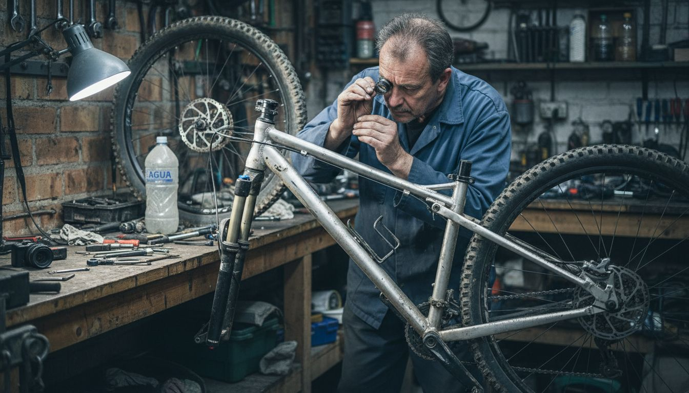 Especialista revisando el cuadro de una bici de montaña