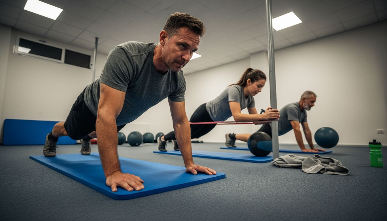 Ciclistas realizando ejercicios de fortalecimiento del core en el gimnasio