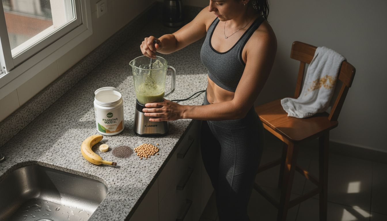 Deportista vegana preparándose un batido para recuperarse después del entrenamiento