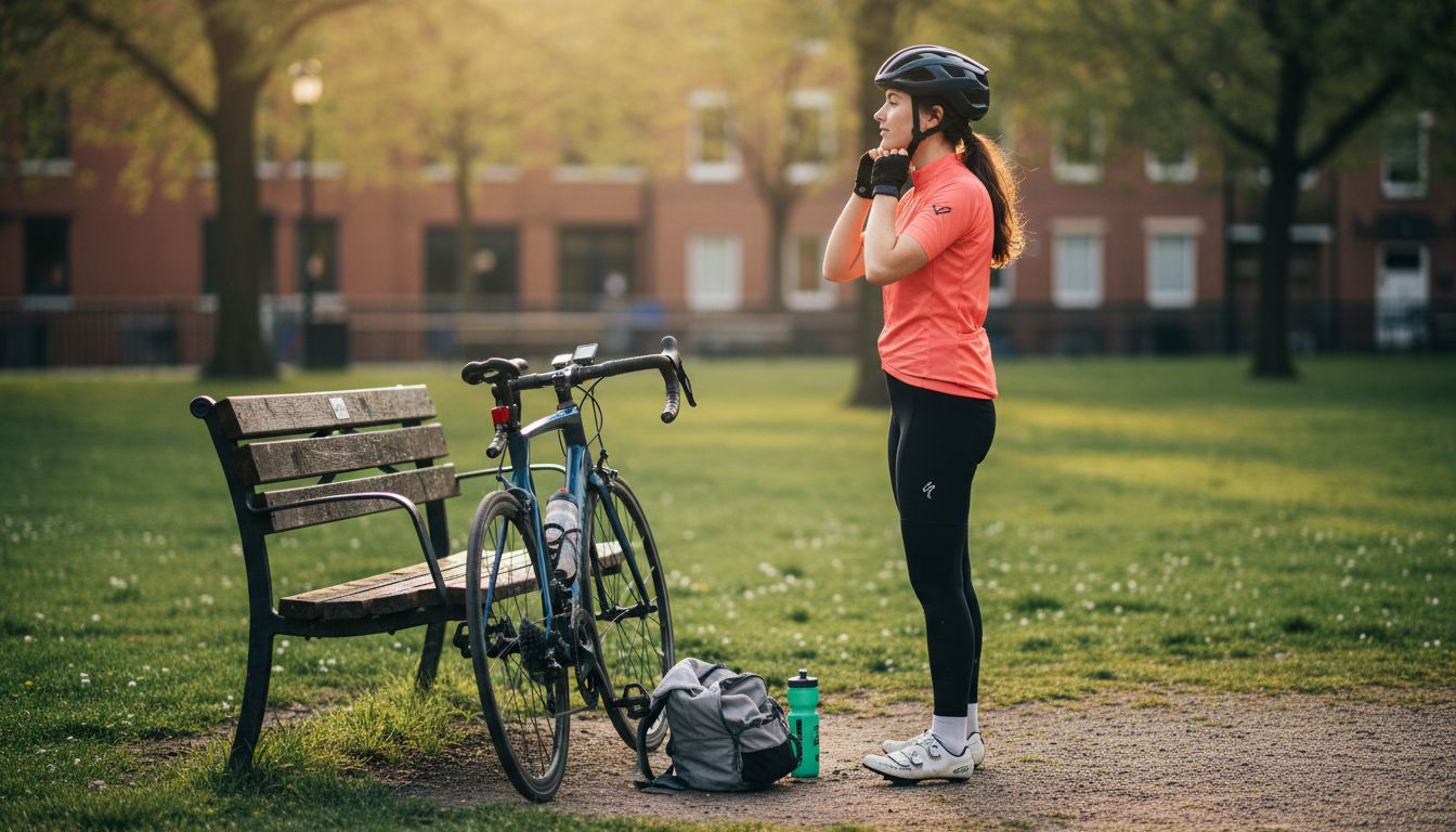 Joven ciclista disfrutando de un merecido descanso después de entrenar por la mañana.