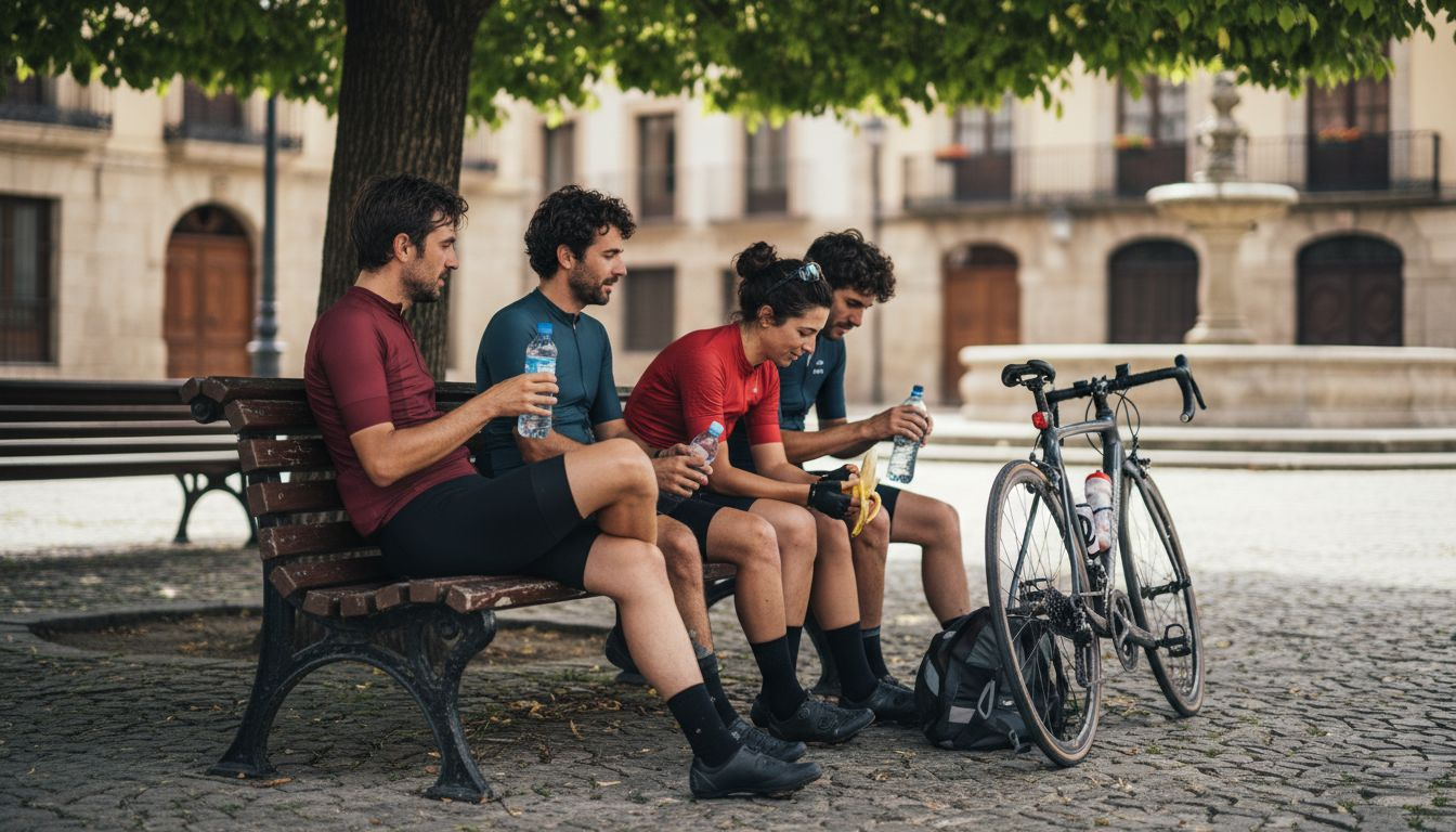 Un grupo de ciclistas hace una pausa en el camino y aprovecha para compartir agua y charlar juntos.