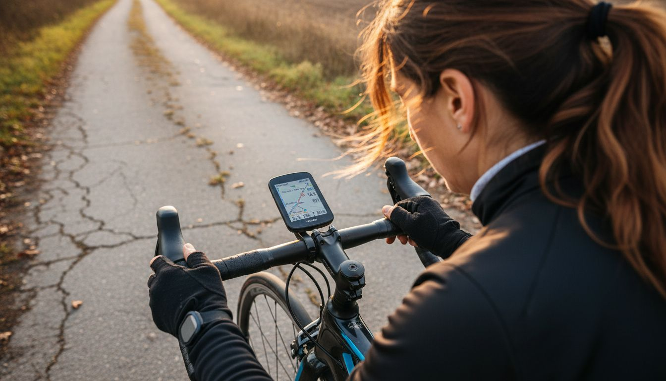 Una ciclista consulta en su móvil el resultado de su último segmento en Strava.