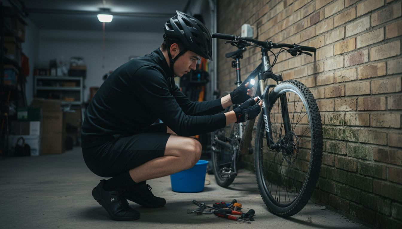 Ciclista colocando y revisando las luces y los reflectores de su bicicleta