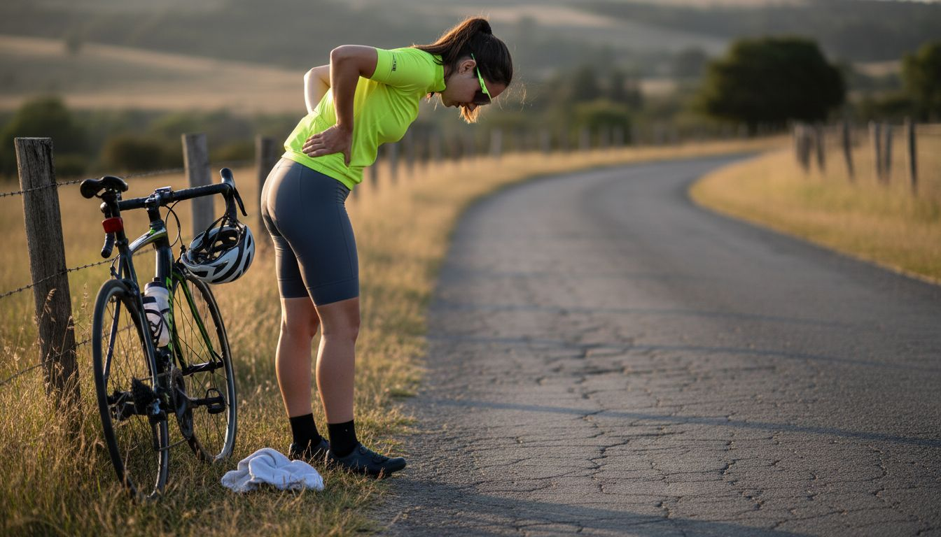 Un ciclista se frota la zona lumbar para aliviar el dolor después de una jornada intensa.