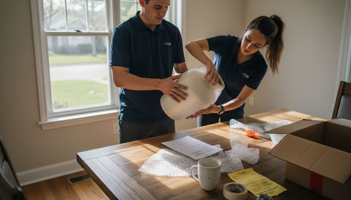 Movers wrapping fragile item with bubble wrap
