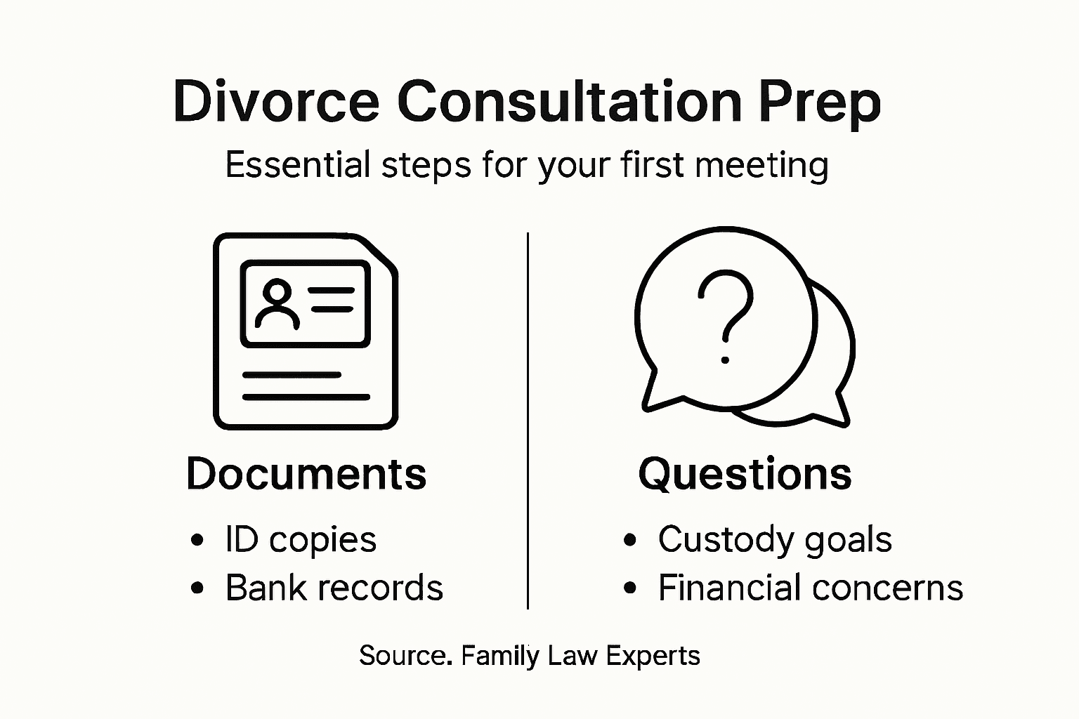 Divorce consultation prep infographic with key checklists