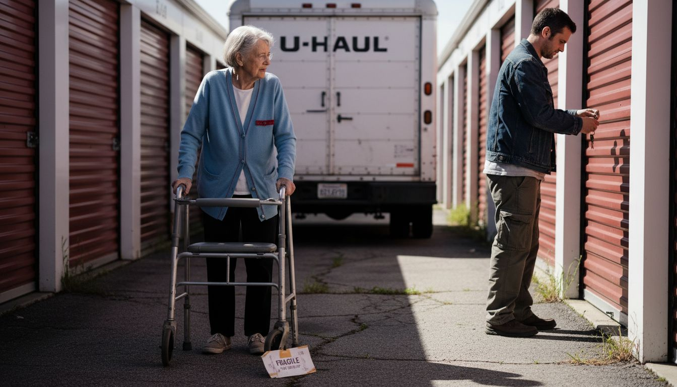 Elderly woman with walker near storage units