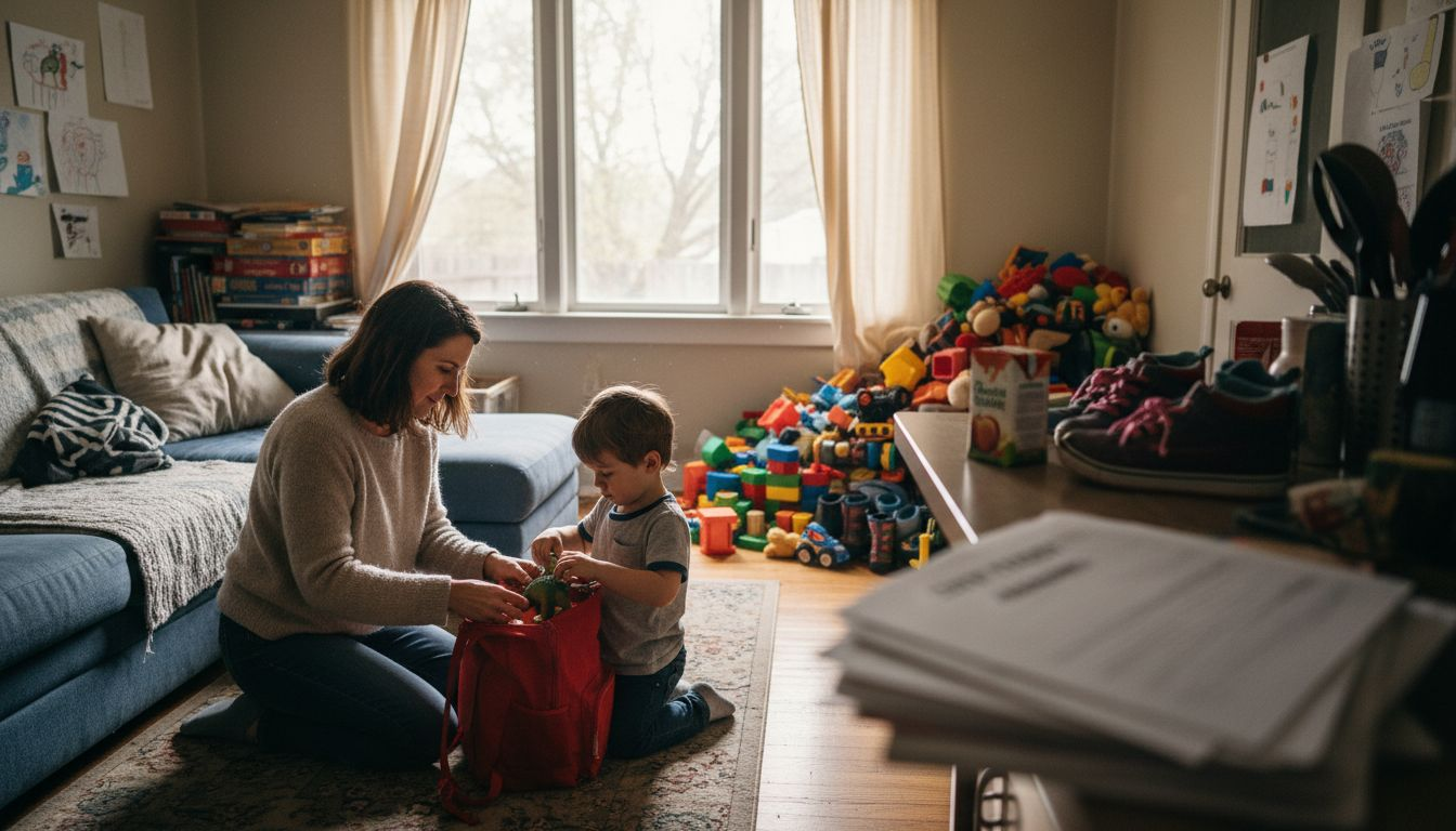 Mother and son packing for custody transition